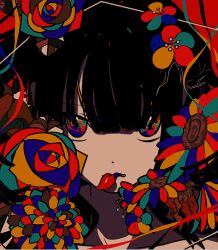 Rule 34 | 1girl, black hair, colorful, dot nose, flower, long bangs, long hair, looking at viewer, machigami yoh, mouth hold, multicolored eyes, multicolored flower, multicolored rose, original, petal in mouth, petals, portrait, rose, solo, sunflower