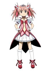 Rule 34 | 1girl, :|, adapted costume, alternate costume, choker, closed mouth, collarbone, cosplay, crossover, hair ribbon, hands on own hips, highres, kaname madoka, magical girl, mahou shoujo madoka magica, mahou shoujo madoka magica (anime), parody, pink eyes, pink hair, precure, ribbon, short twintails, simple background, skirt, smile precure!, solo, soul gem, standing, takaya n, tiara, twintails, white background, white legwear