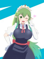 Rule 34 | 1girl, absurdres, breasts, cup, enlay, fangs, fire emblem, gloves, green eyes, green hair, highres, kobayashi-san chi no maidragon, large breasts, long hair, looking at viewer, maid, maid headdress, monster girl, multicolored hair, nintendo, open mouth, red neckwear, shirt, skirt, smile, solo, tiki (fire emblem), tohru (maidragon), very long hair, white shirt