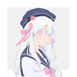 Rule 34 | 1girl, ahoge, albino, alternate costume, artist logo, blending, blue hat, blue sailor collar, bow, bowtie, colored eyelashes, grey background, hair between eyes, hair ornament, hat, head tilt, highres, kagerou project, kozakura marry, long hair, looking at viewer, looking to the side, no pupils, pink bow, pink bowtie, pink eyes, sailor collar, sailor hat, school uniform, serafuku, shirt, solo, square, star (symbol), star hair ornament, two-tone background, upper body, virgo (symbol), white background, white hair, white shirt, whitegull666