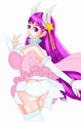 Rule 34 | 1girl, absurdres, alternate costume, arm warmers, artist request, asamiya athena, ass, bare shoulders, breasts, butt crack, clothes lift, dress, hair ornament, highres, large breasts, long hair, looking at viewer, looking back, magical girl, panties, psycho soldier, purple eyes, purple hair, shiny skin, sideboob, skirt, skirt lift, smile, snk, snk heroines: tag team frenzy, solo, the king of fighters, thighhighs, underwear