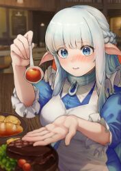 Rule 34 | 1girl, absurdres, ai-generated, apron, blue dress, blue eyes, blush, braid, bread, breasts, cherry tomato, collar, dress, elf, embarrassed, feeding, food, full-face blush, highres, holding, holding spoon, large breasts, lettuce, lips, long hair, looking at viewer, maid, maid apron, maou no ore ga dorei elf wo yome ni shitanda ga dou medereba ii?, metal collar, nephelia, plate, pointy ears, santori, sitting, sleeves rolled up, solo, spoon, steak, table, tomato, upper body, very long hair, white apron, white hair, wooden table