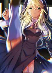 Rule 34 | 1girl, absurdres, blonde hair, breasts, chromatic aberration, cruzango0510, earrings, engage kiss, green eyes, habit, hair between eyes, highres, jewelry, long hair, looking at viewer, medium breasts, motion blur, nun, parted lips, sharon holygrail, split, standing, standing on one leg, standing split, swept bangs, thighhighs, thighs, white thighhighs