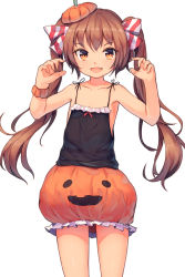 Rule 34 | 10s, 1girl, alternate skin color, blush, brown eyes, brown hair, fang, flat chest, food-themed hair ornament, hair ornament, hair ribbon, halloween, halloween costume, hat, highres, jack-o&#039;-lantern, kantai collection, libeccio (kancolle), long hair, looking at viewer, open mouth, pumpkin hair ornament, ribbon, shone, simple background, skirt, sleeveless, smile, solo, twintails, white background