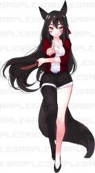 Rule 34 | 1girl, animal ears, black hair, breasts, closed mouth, ejami, facial mark, knife, long hair, looking at viewer, pointing, pointing at viewer, sample watermark, shorts, simple background, single leg pantyhose, smile, solo, very long hair, watermark, white background