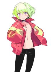 Rule 34 | 1boy, blonde hair, blush, fuubuu, gloves, green hair, half gloves, highres, jacket, lio fotia, looking at viewer, male focus, navel, promare, purple eyes, shorts, simple background, solo, trap, white background