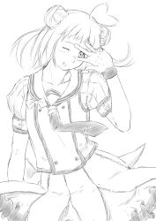 Rule 34 | 10s, 1girl, ahoge, antenna hair, double bun, dress, expressive hair, greyscale, hand on own face, head tilt, highres, kantai collection, monochrome, naka (kancolle), necktie, niwatazumi, one eye closed, ribbon, sailor dress, simple background, sketch, skirt, solo, tongue, tongue out, wind, wind lift, wrist cuffs
