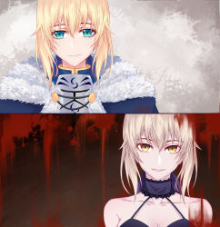 Rule 34 | 2girls, 333 (pixiv8601259), absurdres, aqua eyes, armor, artoria pendragon (all), artoria pendragon (fate), blonde hair, blood, blood splatter, breastplate, breasts, choker, cleavage, collarbone, dual persona, fate (series), fur trim, hair between eyes, halterneck, highres, looking at viewer, multiple girls, parted lips, portrait, saber (fate), saber alter, sidelocks, silver hair, sleeveless, small breasts, smile, yellow eyes