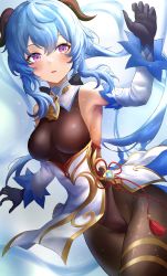 Rule 34 | 1girl, absurdres, ahoge, bare shoulders, bell, black gloves, black leotard, blue hair, blush, bodystocking, bodysuit, breasts, brown pantyhose, chinese knot, clothes lift, commentary, detached sleeves, dress, flower knot, ganyu (genshin impact), genshin impact, gloves, gold trim, groin, highres, horns, lds (dstwins97), leotard, leotard under clothes, long hair, looking at viewer, md5 mismatch, medium breasts, neck bell, pantyhose, parted lips, pelvic curtain, pelvic curtain lift, purple eyes, revision, sidelocks, solo, thighlet, thighs, vision (genshin impact), white dress, white sleeves