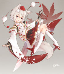 Rule 34 | 1girl, absurdres, animal ear fluff, animal ears, bare shoulders, commentary, coreytaiyo, detached sleeves, fang, gold trim, grey background, hat, head tilt, highres, holding, holding sword, holding weapon, inubashiri momiji, jitome, kneehighs, leaf, long sleeves, looking at viewer, maple leaf, miniskirt, navel, open mouth, pleated skirt, pom pom (clothes), red eyes, red footwear, red skirt, ribbon-trimmed legwear, ribbon-trimmed sleeves, ribbon trim, shirt, short hair, signature, skirt, sleeveless, sleeveless shirt, slit pupils, socks, solo, sword, tail, texture, tokin hat, touhou, turtleneck, weapon, white hair, white socks, white shirt, wide sleeves, wolf ears, wolf girl, wolf tail