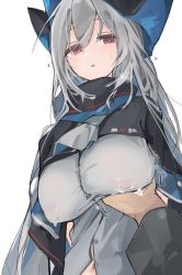 Rule 34 | 1boy, 1girl, arknights, blouse, blush, breast milk, breasts, grabbing, grabbing another&#039;s breast, grey shirt, hair between eyes, hat, hetero, highres, lactation, lactation through clothes, large breasts, looking at viewer, mikozin, nipples, no bra, pov, red eyes, shirt, simple background, skadi (arknights), upper body, white background, white hair