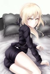Rule 34 | 1girl, artist request, artoria pendragon (all), artoria pendragon (fate), ass, bed, blonde hair, blush, bow, breasts, cameltoe, fate/grand order, fate (series), hood, hoodie, jacket, long hair, looking at viewer, lying, on side, pillow, ponytail, saber (fate), saber alter, short shorts, shorts, sideboob, solo, yellow eyes