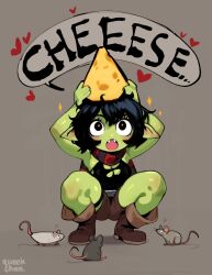 Rule 34 | 1girl, animal, arms up, artist name, black eyes, black hair, black scarf, black shirt, breasts, brown footwear, brown shorts, cheese, colored skin, fangs, food, green skin, grey background, heart, holding, holding food, large breasts, mouse (animal), original, pointy ears, queekchan, red scarf, scarf, shirt, shorts, solo, sparkle, squatting, striped clothes, striped scarf, torn clothes, torn shirt