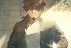 Rule 34 | 1boy, black jacket, blue ribbon, brick wall, brown eyes, brown hair, closed mouth, collarbone, facial hair, fate/grand order, fate (series), goatee, hair ribbon, hector (fate), jacket, long sleeves, male focus, mature male, open clothes, open jacket, outdoors, ponytail, ribbon, shirt, solo, sparse stubble, sunlight, tumikilondon5, white shirt