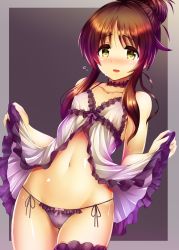 Rule 34 | 10s, 1girl, :d, babydoll, bare shoulders, blush, breasts, brown hair, covered erect nipples, flying sweatdrops, hair bun, highres, idolmaster, idolmaster cinderella girls, lifting own clothes, long hair, looking at viewer, ment, navel, open mouth, panties, purple panties, side-tie panties, single hair bun, small breasts, smile, solo, sweat, takamori aiko, underwear, yellow eyes