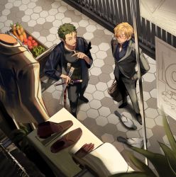 Rule 34 | 2boys, absurdres, bird, blonde hair, dove, formal, from above, green hair, highres, kotomine (a1569), male focus, multiple boys, one piece, outdoors, pointing, roronoa zoro, sanji (one piece), sheath, sheathed, smile, standing, suit