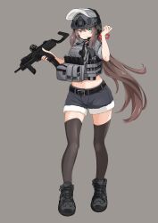 Rule 34 | 1girl, belt, black footwear, black thighhighs, blue eyes, bow, brown hair, bulletproof vest, cake506, closed mouth, commission, denim, denim shorts, full body, grey background, gun, h&amp;k mp7, hair bow, helmet, highres, holding, holding gun, holding weapon, long hair, looking at viewer, magazine (weapon), midriff, navel, original, red bow, shorts, simple background, sleeves rolled up, smile, solo, standing, submachine gun, termichan (not-a-bot), thighhighs, very long hair, weapon
