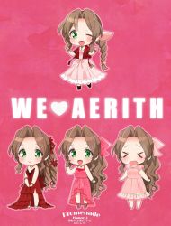 Rule 34 | &gt; &lt;, aerith gainsborough, aerith gainsborough (basic pink dress), aerith gainsborough (pink dress), aerith gainsborough (red dress), bow, braid, braided ponytail, brown hair, chibi, cropped jacket, dress, final fantasy, final fantasy vii, final fantasy vii remake, flower, green eyes, hair flower, hair ornament, hair ribbon, jacket, krudears, long dress, long hair, looking at viewer, multiple persona, official alternate costume, open mouth, pink background, pink bow, pink dress, red dress, red jacket, ribbon, smile, tri drills, very long hair, wall market