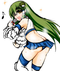 Rule 34 | 1girl, adapted costume, ass, back, blue panties, boots, breasts, butt crack, detached sleeves, frog hair ornament, green eyes, green hair, hair ornament, hair tubes, kochiya sanae, long hair, looking back, mabuchoco m, matching hair/eyes, microphone, midriff, music, musical note, open mouth, panties, singing, sketch, skirt, smile, snake hair ornament, solo, thigh boots, thighhighs, touhou, underwear, white footwear, white thighhighs, wrestling outfit
