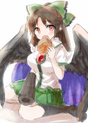 Rule 34 | 1girl, arm cannon, bird wings, blush, bow, breasts, brown hair, collar, collared shirt, eating, fang, food, frills, furorida, hair bow, burger, holding, holding food, large breasts, loafers, long hair, looking at viewer, open mouth, red eyes, reiuji utsuho, sanpaku, shirt, shoes, simple background, sitting, sketch, skirt, socks, solo, third eye, touhou, weapon, white background, wings