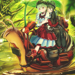 Rule 34 | 2girls, aiuabo, black footwear, black hair, boots, closed eyes, commentary request, dress, frilled sleeves, frills, frog, goggles, goggles on headwear, helmet, highres, hug, hug from behind, leaf umbrella, light, long hair, mini person, minigirl, multiple girls, multiple riders, original, outdoors, overskirt, ponytail, red eyes, red footwear, riding, saddlebags, short sleeves, snail, water drop, white hair, wide sleeves