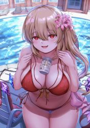 Rule 34 | 1girl, :d, aged up, alternate breast size, alternate costume, beach chair, beer can, bikini, blonde hair, breasts, can, commentary request, cowboy shot, crystal, door, drink can, fang, flandre scarlet, flower, from above, groin, hair between eyes, hair flower, hair ornament, highres, large breasts, long hair, looking at viewer, looking up, multicolored wings, nail polish, navel, no headwear, open mouth, outdoors, parasol, pink flower, pool, red bikini, red eyes, red nails, sabakuomoto, side ponytail, smile, solo, string bikini, swimsuit, thick thighs, thighs, touhou, umbrella, water, window, wings