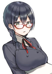 Rule 34 | 1girl, bad id, bad twitter id, black hair, black jacket, blazer, braid, breast rest, breasts, carried breast rest, carrying, collared shirt, commentary request, glasses, green eyes, hair between eyes, hair over shoulder, jacket, large breasts, looking at viewer, midorikawa you, neck ribbon, original, parted lips, red-framed eyewear, red ribbon, ribbon, school uniform, semi-rimless eyewear, shirt, simple background, solo, twin braids, under-rim eyewear, upper body, white background, white shirt