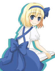 Rule 34 | 1girl, alice margatroid, alice margatroid (pc-98), blonde hair, blue eyes, blush, book, hairband, looking back, open book, short hair, smile, snowdust (pixiv), solo, touhou, touhou (pc-98)