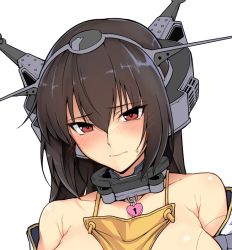 Rule 34 | 1girl, apron, arm warmers, bare shoulders, between breasts, black hair, blush, breasts, cleavage, closed mouth, collar, collarbone, embarrassed, hair between eyes, halcon, headgear, heart lock (kantai collection), kantai collection, large breasts, lips, long hair, looking at viewer, nagato (kancolle), red eyes, simple background, solo, unfinished, upper body, white background, yellow apron
