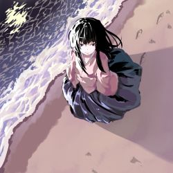 Rule 34 | 1girl, bad id, bad pixiv id, beach, black hair, female focus, footprints, from above, full body, houraisan kaguya, night, outdoors, poa, reflection, shore, solo, standing, touhou, water