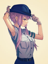 Rule 34 | 1girl, absurdres, adjusting clothes, adjusting headwear, arm up, armpit peek, armpits, at2., beige background, blue shirt, blue skirt, breast pocket, collared shirt, gloves, hand up, hat, highres, low twintails, pocket, police, police hat, police uniform, purple eyes, purple hair, shirt, short hair with long locks, short sleeves, simple background, skirt, solo, twintails, uniform, upper body, vocaloid, voiceroid, white gloves, yuzuki yukari
