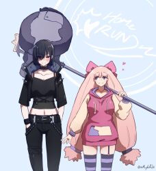 Rule 34 | 2girls, artbydefault, black hair, blonde hair, blue background, blush, collar, collarbone, corviknight, creatures (company), game freak, gen 8 pokemon, hair over one eye, hammer, hand in pocket, highres, holding, holding hammer, hood, hoodie, long hair, midriff, multiple girls, nintendo, pants, personification, pokemon, purple eyes, red eyes, short hair, shoulder spikes, smile, spiked collar, spikes, sweat, thighhighs, tinkaton, twintails, weapon