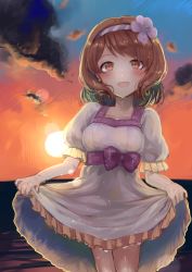 Rule 34 | 10s, 1girl, brown eyes, brown hair, dress, hairband, idolmaster, idolmaster cinderella girls, lvetica, nagatomi hasumi, open mouth, short hair, skirt hold, smile, solo, twilight, wet, wet clothes
