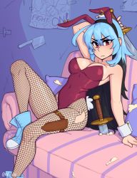 Rule 34 | 1girl, absurdres, animal ears, bare arms, bare shoulders, black hair, blue footwear, blue hair, blush, breasts, bunny crimson (akairiot), check copyright, cleavage, collarbone, commentary, copyright request, couch, covered navel, fake animal ears, fishnet pantyhose, fishnets, frown, hair between eyes, highres, holding, holding sword, holding weapon, large breasts, leotard, long hair, looking at viewer, multicolored hair, on couch, original, pantyhose, pillow, playboy bunny, rabbit ears, rabbit tail, red eyes, red leotard, rob ishi, shoes, sitting, solo, sword, symbol-only commentary, tail, torn, torn clothes, torn pantyhose, two-tone hair, weapon, wrist cuffs