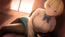 Rule 34 | 1girl, absurdres, belt, black pantyhose, blue belt, blue ribbon, blush, breasts, couch, duplicate, girls&#039; frontline, hair between eyes, hair ornament, highres, indoors, large breasts, long sleeves, looking at viewer, mole, mole under eye, neck ribbon, pantyhose, ribbon, shirt, sitting, skirt, smile, snowflake hair ornament, sunlight, sunset, taut clothes, taut skirt, vsk-94 (girls&#039; frontline), white shirt, window, wo you yibei jia wanli