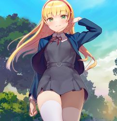 Rule 34 | 1girl, :3, absurdres, blazer, blonde hair, blue jacket, blue sky, blunt bangs, blush, closed mouth, cropped jacket, dress, edge qwertyuiop, floating hair, green eyes, grey dress, hairband, hand in own hair, hand up, heanna sumire, highres, jacket, long hair, love live!, love live! superstar!!, neck ribbon, pinafore dress, red hairband, red ribbon, ribbon, school uniform, sky, sleeveless dress, solo, straight hair, thighhighs, thighs, tree, white thighhighs, yuigaoka school uniform, zettai ryouiki