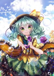 Rule 34 | 1girl, aqua hair, arms up, black hat, blue flower, blue rose, blue sky, bubble, cloud, commentary request, cowboy shot, day, floral print, flower, frilled skirt, frilled sleeves, frills, green eyes, green skirt, hair between eyes, hat, hat ribbon, head tilt, highres, holding, holding phone, index finger raised, komeiji koishi, lens flare, long sleeves, looking at viewer, outstretched hand, petticoat, phone, reaching, reaching towards viewer, reinakocchi, ribbon, rose, rose print, shirt, short hair, skirt, sky, smile, solo, thick eyebrows, third eye, touhou, untucked shirt, wide sleeves, yellow flower, yellow rose, yellow shirt