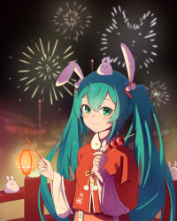 Rule 34 | 1girl, absurdres, animal ears, aqua eyes, aqua hair, blurry, blurry background, blush, breasts, chinese clothes, chinese new year, collared shirt, dango, fence, fireworks, food, hair between eyes, hair ornament, happy new year, hatsune miku, highres, holding, lantern, light blush, long hair, long sleeves, looking at viewer, new year, newminds, night, paper lantern, pom pom (clothes), rabbit, rabbit ears, red shirt, shirt, sidelocks, small breasts, smile, solo, tangzhuang, twintails, vocaloid, wagashi, wide sleeves