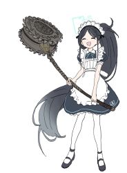 Rule 34 | 1girl, anklet, apron, aris (blue archive), aris (maid) (blue archive), black hair, bloodborne, blue archive, blue ribbon, borrowed weapon, circular saw, closed eyes, collared dress, commentary, dress, facing viewer, full body, gomibako (gomibako price), halo, highres, holding, holding weapon, jewelry, light blush, long hair, maid, maid apron, mary janes, neck ribbon, open mouth, pantyhose, parted bangs, ponytail, puffy short sleeves, puffy sleeves, ribbon, saw, shoes, short sleeves, simple background, smile, solo, standing, very long hair, weapon, whirligig saw, white background, white pantyhose