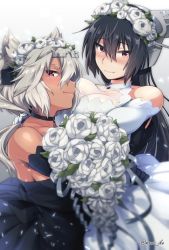 Rule 34 | 10s, 2girls, alternate costume, arms around waist, asymmetrical docking, bare shoulders, black dress, black hair, black vs white, black wedding dress, blush, bouquet, breast press, breasts, choker, cleavage, closed mouth, commentary request, couple, dark-skinned female, dark skin, dress, elbow gloves, eyewear on head, female focus, flower, formal, glasses, glasses on head, gloves, grey hair, hair between eyes, hair flaps, hairband, head wreath, headgear, hug, ikeshita moyuko, interracial, jewelry, kantai collection, large breasts, long hair, looking at viewer, multiple girls, musashi (kancolle), nagato (kancolle), neck, necklace, nose blush, red eyes, see-through, sidelocks, sketch, sleeveless, sleeveless dress, smile, strapless, strapless dress, twitter username, wedding, wedding dress, white background, white dress, white flower, wife and wife, yuri