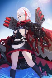 Rule 34 | 1girl, admiral graf spee (azur lane), anizi, azur lane, black dress, blue eyes, blunt bangs, breasts, claws, commentary request, cross, dress, frown, highres, looking at viewer, multicolored hair, red hair, short hair, silver hair, solo, streaked hair, underboob