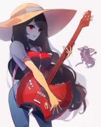 Rule 34 | 1girl, adventure time, axe, battle axe, bmo, colored skin, commentary, cowboy shot, denim, elbow gloves, fang, finn the human, gloves, grey skin, guitar, hat, hat ribbon, highres, instrument, jake the dog, jeans, kaliningradg, long hair, marceline abadeer, music, pants, playing instrument, princess bonnibel bubblegum, red eyes, red tank top, reference inset, ribbon, simple background, sun hat, symbol-only commentary, tank top, very long hair, weapon, white background, yellow gloves
