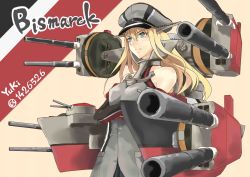 Rule 34 | 10s, 1girl, absurdres, artist name, ayano yuu (sonma 1426), bad id, bad pixiv id, bismarck (kancolle), bismarck kai (kancolle), blonde hair, cannon, character name, crossed arms, green eyes, hat, highres, kantai collection, long hair, military, military hat, military uniform, personification, solo, twitter username, uniform, weapon