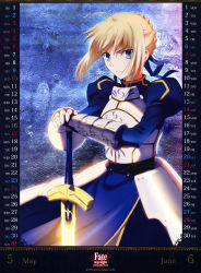 Rule 34 | 1girl, absurdres, ahoge, armor, armored dress, artoria pendragon (fate), blonde hair, blue dress, braid, calendar, copyright name, dress, fate/stay night, fate (series), glowing, glowing sword, glowing weapon, highres, saber (fate), sword, weapon