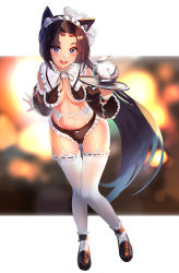 Rule 34 | 1girl, absurdres, alternate costume, animal, animal ears, ankle strap, arm at side, bare shoulders, black footwear, black hair, black hairband, black panties, blue eyes, breast curtains, breasts, commentary request, detached sleeves, enmaided, fake animal ears, fate/grand order, fate (series), frilled panties, frills, garter belt, garter straps, hairband, highres, leaning forward, lingerie, long hair, looking at viewer, maid, maid headdress, navel, okoru ringo, open mouth, outstretched hand, panties, panties over garter belt, parted bangs, revealing clothes, small breasts, solo, teeth, thigh gap, thighhighs, thighs, tongue, tray, underwear, upper teeth only, ushiwakamaru (fate), very long hair, white thighhighs, wide sleeves