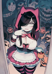 Rule 34 | 1girl, aria wintermint, black hair, breasts, cleavage, cleavage cutout, clothing cutout, dress, hair over one eye, halloween, halloween bucket, halloween costume, highres, hood, hood up, large breasts, long hair, looking at viewer, looking up, monster, open mouth, original, parororo, red hood, solo, striped clothes, striped thighhighs, thick thighs, thighhighs, thighs