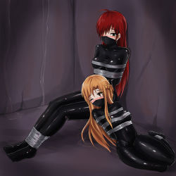 Rule 34 | 10s, 2girls, ahoge, arms behind back, asuna (sao), bdsm, black bodysuit, blush, bodysuit, bondage, bound, bound ankles, bound arms, bound wrists, braid, brown eyes, brown hair, corner, covered mouth, covered navel, crevice, french braid, gag, green eyes, hair over one eye, jitan777, latex, latex bodysuit, latex suit, multiple girls, one eye closed, original, restrained, shiny clothes, sidelocks, skin tight, sword art online, tears, water