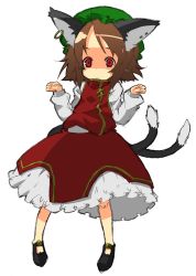 Rule 34 | 1girl, animal ears, brown hair, cat ears, cat girl, cat tail, chen, earrings, female focus, full body, hat, jewelry, red eyes, simple background, skirt, solo, tail, touhou, wadaichi, white background