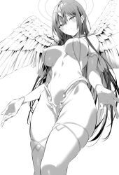 Rule 34 | 1girl, angel wings, bare shoulders, blush, breasts, cleavage, collarbone, greyscale, haitekudasai takamine-san, halo, headpiece, hiiragi yuuichi, jewelry, large breasts, long hair, looking at viewer, monochrome, navel, outstretched hand, simple background, skindentation, solo, takamine takane, very long hair, white background, wings