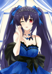 Rule 34 | alternate costume, bare shoulders, beads, black hair, breasts, cleavage, curtains, dress, flower, formal, gown, hair between eyes, happy, highres, jewelry, long hair, medium breasts, necklace, neptune (series), noire (neptunia), one eye closed, open mouth, red eyes, ribbon, tsundere, twintails, very long hair, window, wink, zatsu